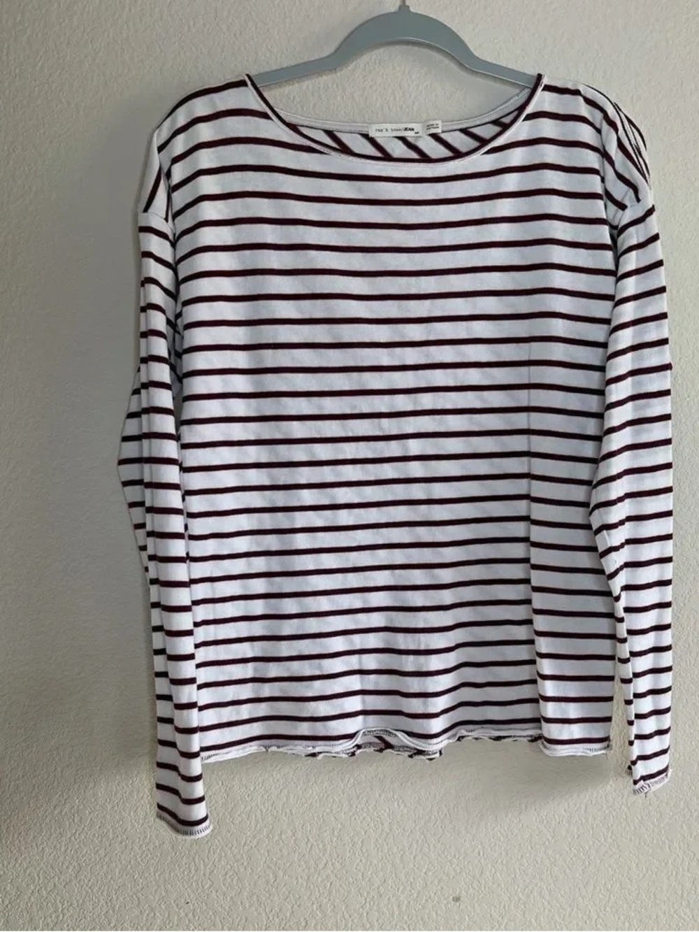 Classic White Long-Sleeve Stripe Tee with Burgundy Stripes